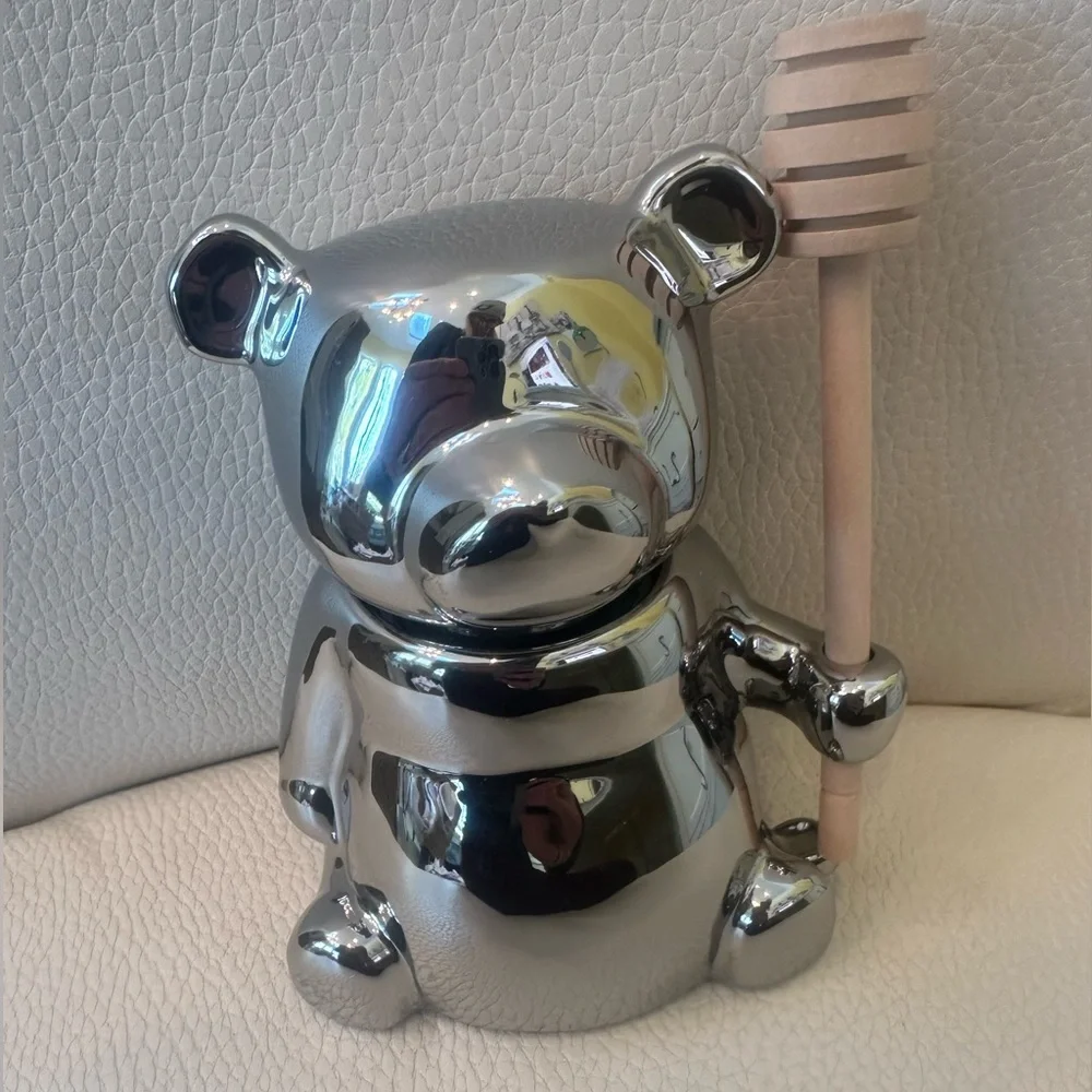 Anthropologie Silver Metallic Bear Honey Jar /Pot w/ Wooden Dipper in Bear’s Paw - Picture 8 of 13